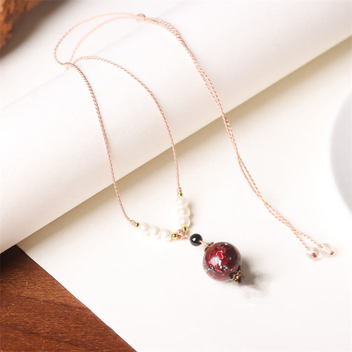 Buddha Stones黒檀工芸ビーズ パール バランスネックレスペンダント - ダークレッド（ランダムレッド） - image 3