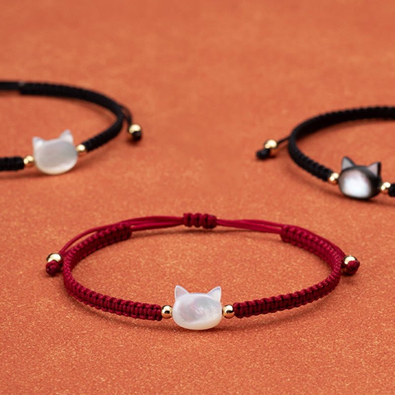 Buddha Stones顔のない猫の頭赤紐シェルコネクションブレスレット - 黒猫の黒い紐 - image 1