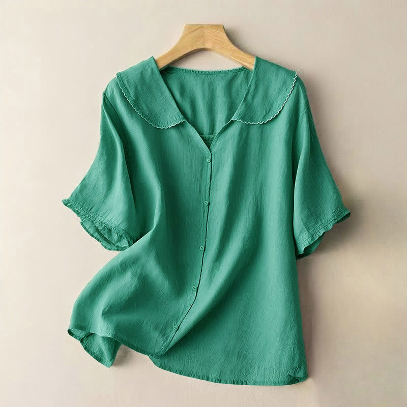 Buddha Stonesカジュアル 無地 ボタン ハーフスリーブ ミディカラー レディース シャツ - シーグリーン - US12、 UK/AU16、 EU44 (2XL) - image 0