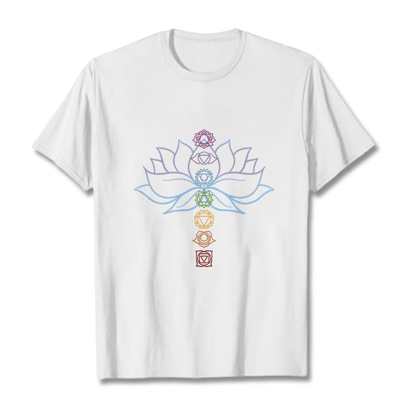 Buddha Stones、パステルカラー、蓮の花、チャクラシンボル、瞑想コットンTシャツ - 白 - 2XL - image 1