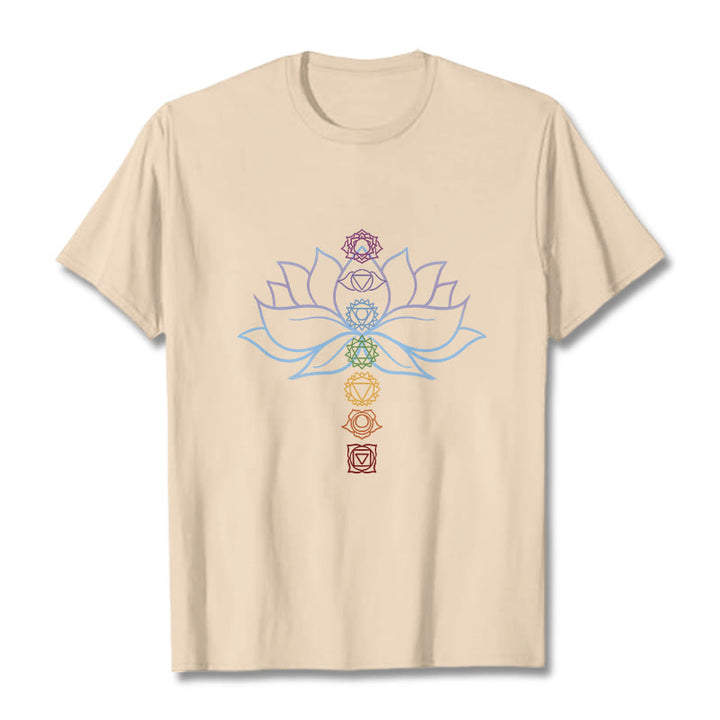 Buddha Stones、パステルカラー、蓮の花、チャクラシンボル、瞑想コットンTシャツ - ビスク - 2XL - image 8