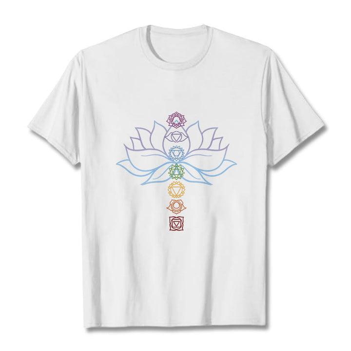 Buddha Stones、パステルカラー、蓮の花、チャクラシンボル、瞑想コットンTシャツ - 白 - 2XL - image 0
