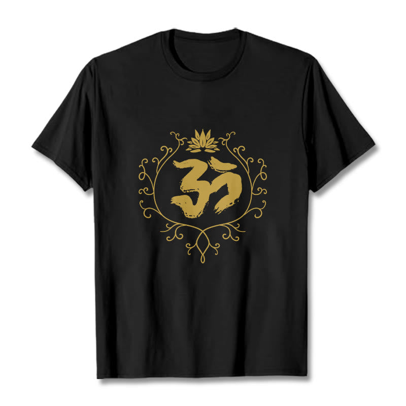 Buddha Stones、オーム、蓮の花、つる模様、瞑想コットンTシャツ - 黒 - 2XL - image 1