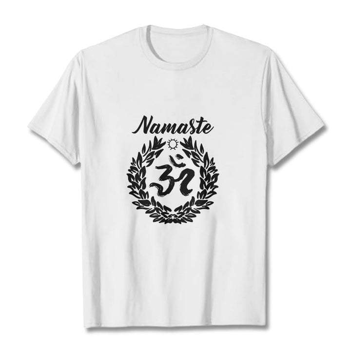 Buddha Stones、オーム、サンスクリット語、ナマステ、葉っぱの模様、瞑想コットンTシャツ - 白 - 2XL - image 8