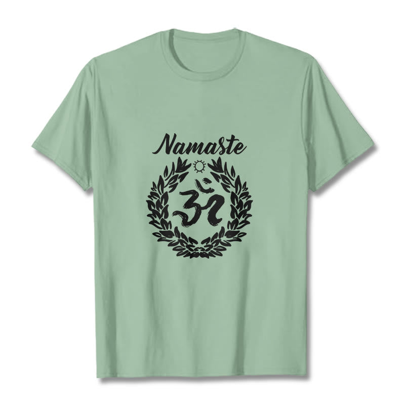 Buddha Stones、オーム、サンスクリット語、ナマステ、葉っぱの模様、瞑想コットンTシャツ - ペールグリーン - 2XL - image 15