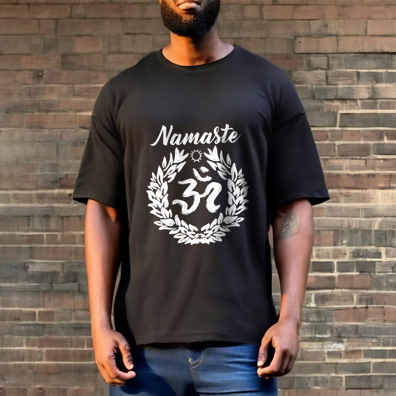 Buddha Stones、オーム、サンスクリット語、ナマステ、葉っぱの模様、瞑想コットンTシャツ - image 6