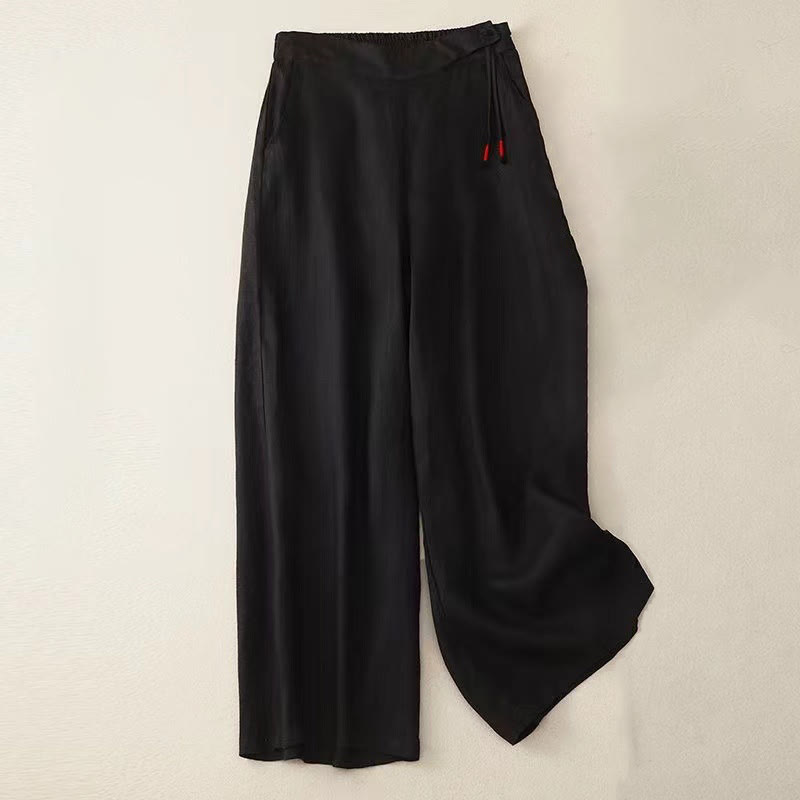 Buddha Stonesカジュアル 無地 ワンボタン コットン レディース ワイドレッグパンツ ポケット付き - 黒 - US12、 UK/AU16、 EU44 (3XL) - image 6