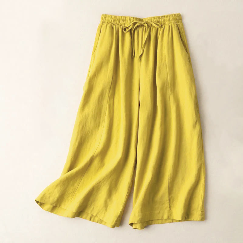 Buddha Stones無地 7-8丈 カプリ クロップドパンツ コットンリネン レディース ワイドレッグパンツ ポケット付き - 金 - US12、 UK/AU16、 EU44 (3XL) - image 0