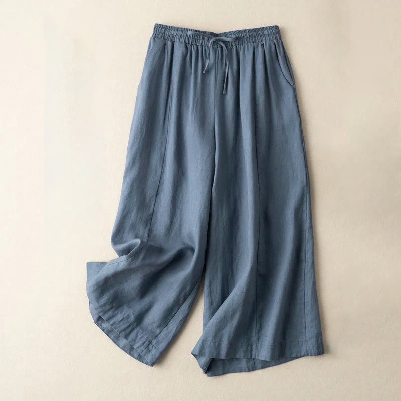 Buddha Stones無地 7-8丈 カプリ クロップドパンツ コットンリネン レディース ワイドレッグパンツ ポケット付き - スチールブルー - US12、 UK/AU16、 EU44 (3XL) - image 27