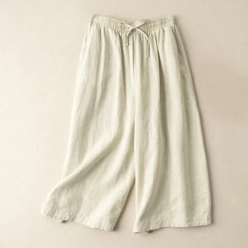 Buddha Stones無地 7-8丈 カプリ クロップドパンツ コットンリネン レディース ワイドレッグパンツ ポケット付き - ベージュ - US12、 UK/AU16、 EU44 (3XL) - image 22