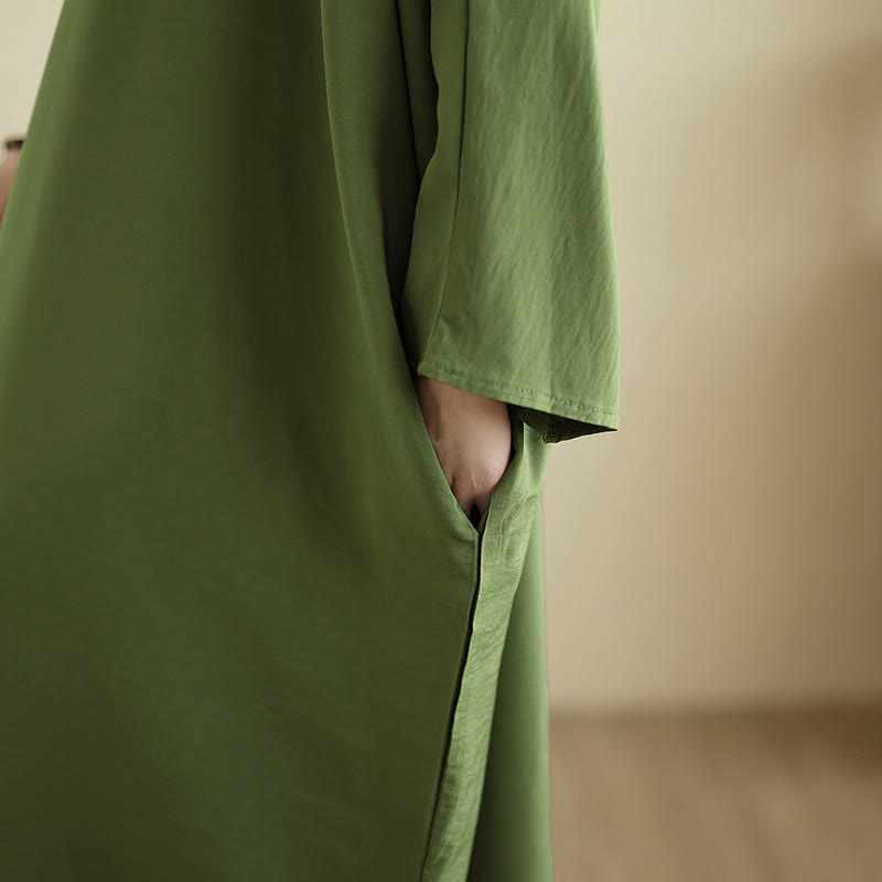 Buddha Stonesレトロ カジュアル 無地 長袖 コットンリネン マキシドレス ポケット付き - image 9