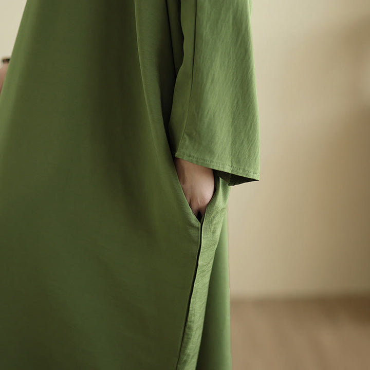 Buddha Stonesレトロ カジュアル 無地 長袖 コットンリネン マキシドレス ポケット付き - image 9