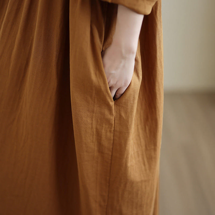 Buddha Stones秋 フーディーデザイン 長袖 コットンリネン ミディドレス ポケット付き - image 9