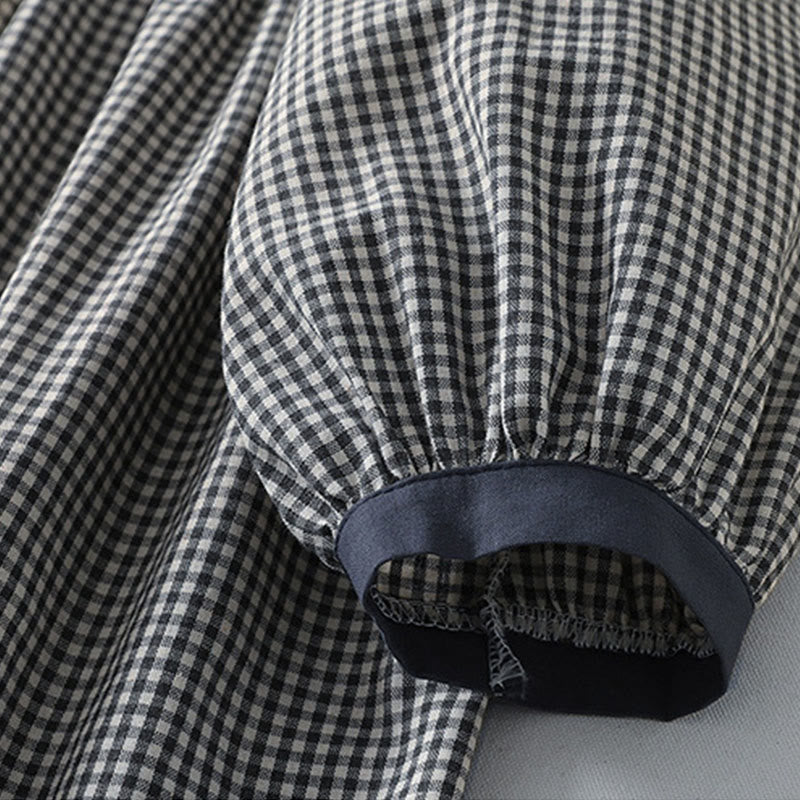 Buddha Stonesカジュアル チェック柄 ロング ランタンスリーブ コットンリネン ミディドレス ポケット付き - image 13