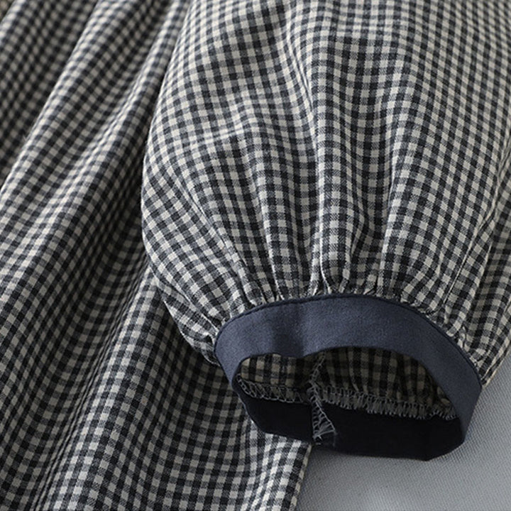 Buddha Stonesカジュアル チェック柄 ロング ランタンスリーブ コットンリネン ミディドレス ポケット付き - image 13