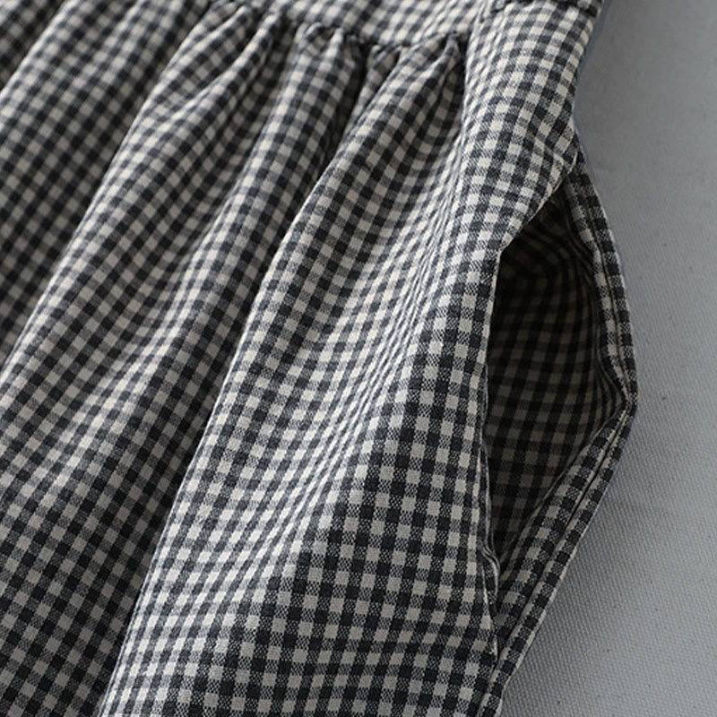 Buddha Stonesカジュアル チェック柄 ロング ランタンスリーブ コットンリネン ミディドレス ポケット付き - image 14