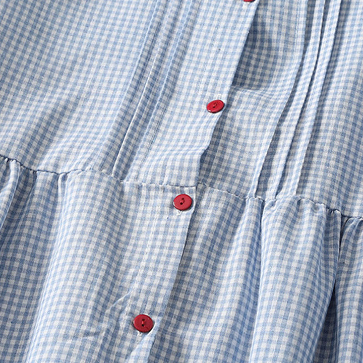 Buddha Stonesカジュアル チェック柄 ロング ランタンスリーブ コットンリネン ミディドレス ポケット付き - image 3