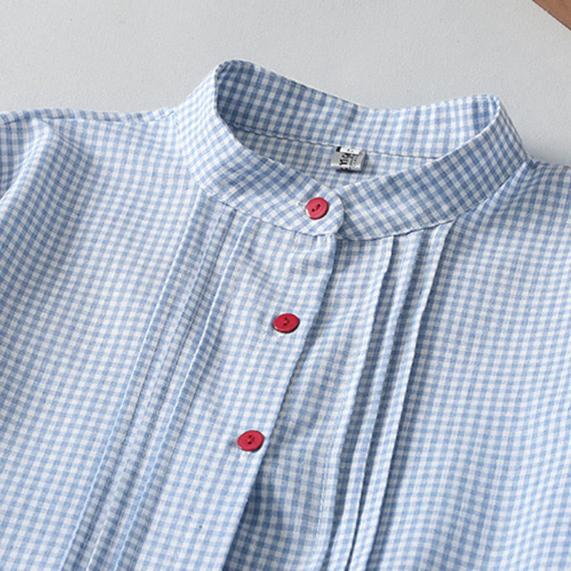 Buddha Stonesカジュアル チェック柄 ロング ランタンスリーブ コットンリネン ミディドレス ポケット付き - image 2