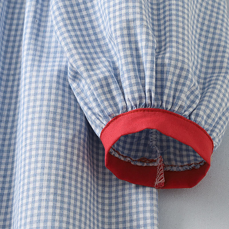 Buddha Stonesカジュアル チェック柄 ロング ランタンスリーブ コットンリネン ミディドレス ポケット付き - image 4