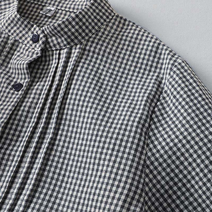 Buddha Stonesカジュアル チェック柄 ロング ランタンスリーブ コットンリネン ミディドレス ポケット付き - image 9