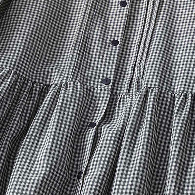 Buddha Stonesカジュアル チェック柄 ロング ランタンスリーブ コットンリネン ミディドレス ポケット付き - image 11