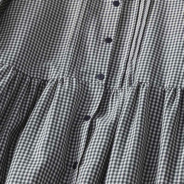 Buddha Stonesカジュアル チェック柄 ロング ランタンスリーブ コットンリネン ミディドレス ポケット付き - image 11