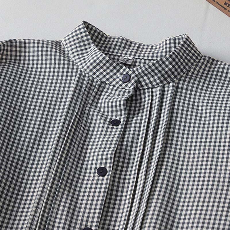 Buddha Stonesカジュアル チェック柄 ロング ランタンスリーブ コットンリネン ミディドレス ポケット付き - image 8