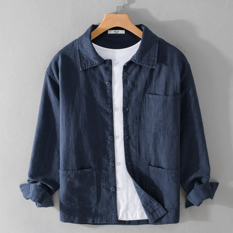 Buddha Stones通勤用 メンズ 無地ボタンデザイン コットンリネン 長袖シャツ ポケット付き - ダークブルー - US/UK/AU42、 EU52 (3XL) - image 12