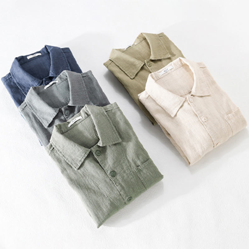 Buddha Stones通勤用 メンズ 無地ボタンデザイン コットンリネン 長袖シャツ ポケット付き - image 21