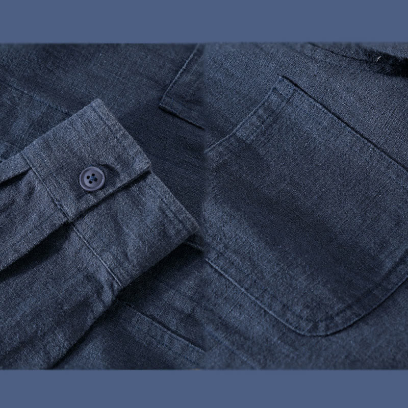 Buddha Stones通勤用 メンズ 無地ボタンデザイン コットンリネン 長袖シャツ ポケット付き - image 15