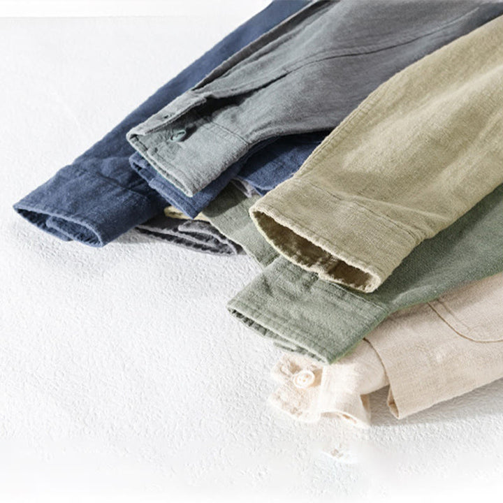 Buddha Stones通勤用 メンズ 無地ボタンデザイン コットンリネン 長袖シャツ ポケット付き - image 24