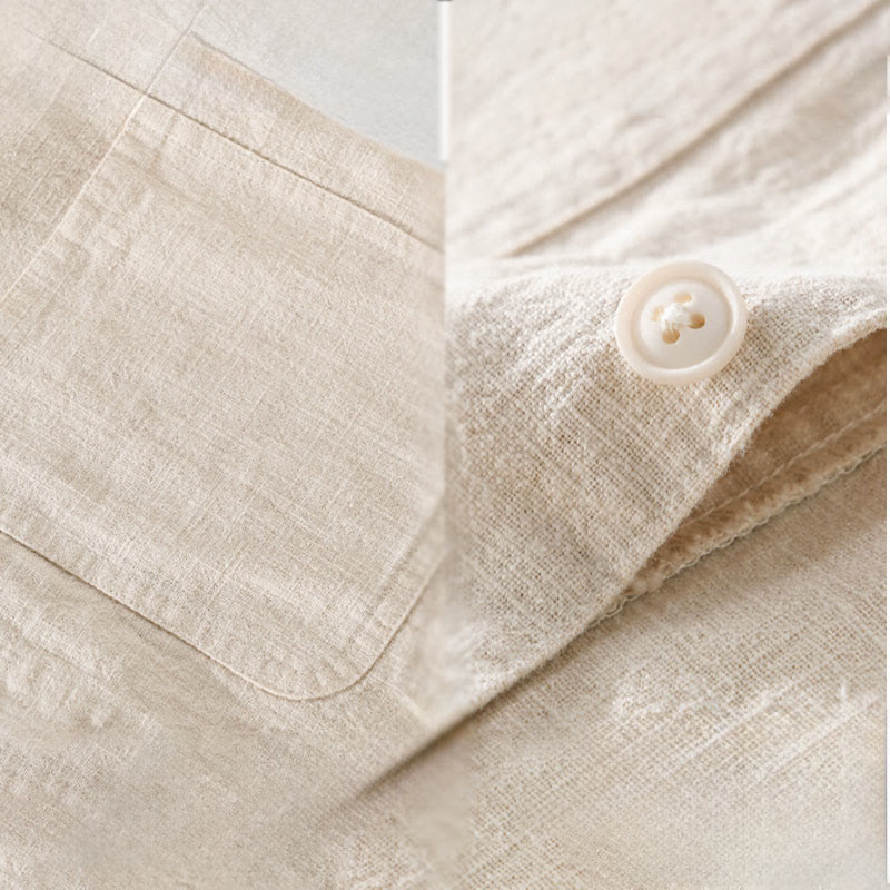 Buddha Stones通勤用 メンズ 無地ボタンデザイン コットンリネン 長袖シャツ ポケット付き - image 6