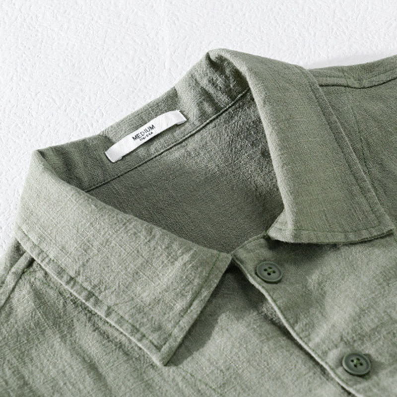 Buddha Stones通勤用 メンズ 無地ボタンデザイン コットンリネン 長袖シャツ ポケット付き - image 1