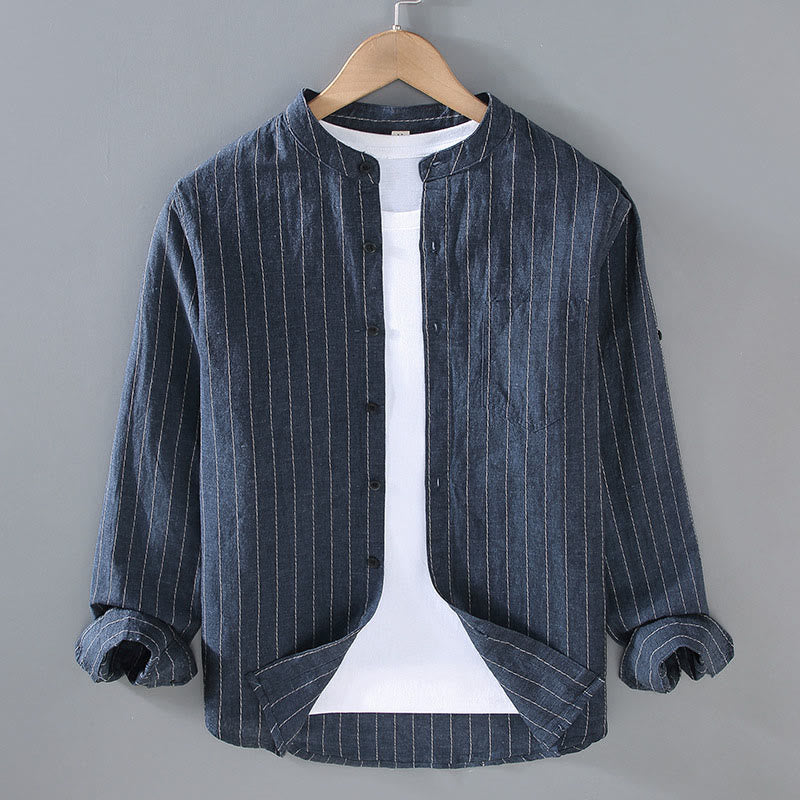 Buddha Stonesデイリータンスーツ メンズ ストライプ柄 コットンリネン 長袖シャツ - ミッドナイトブルー - US/UK/AU42、 EU52 (3XL) - image 0