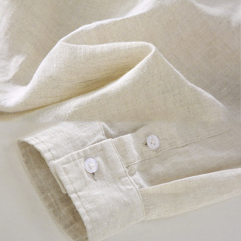 Buddha Stones春 メンズ カジュアル 純色 リネン 長袖 シャツ ポケット付き - image 2