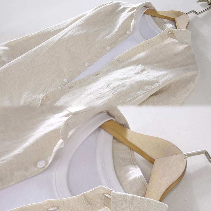 Buddha Stones春 メンズ カジュアル 純色 リネン 長袖 シャツ ポケット付き - image 3