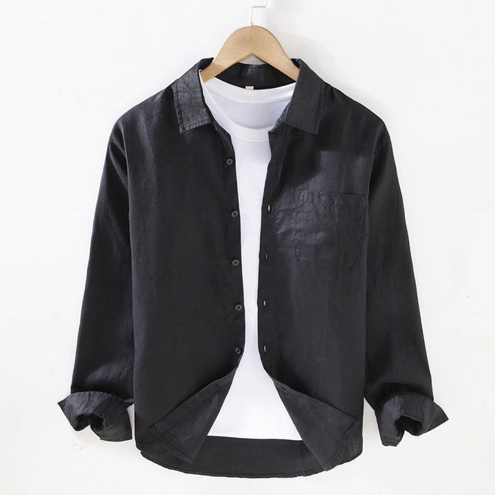 Buddha Stones春 メンズ カジュアル 純色 リネン 長袖 シャツ ポケット付き - 黒 - US/UK/AU42、 EU52 (3XL) - image 8