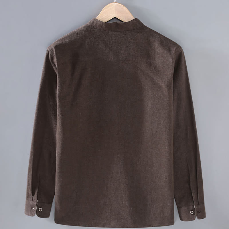 Buddha Stones通勤用 無地 長袖 ボタンラペルデザイン メンズ ラミー リネン ジャケット ポケット付き - image 1