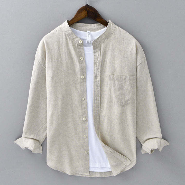 Buddha Stones メンズ 長袖 コットンリネン 無地 スタンドカラー ポケット付き カジュアルシャツ - リネン - US/UK/AU40、EU50（3XL） - image 0