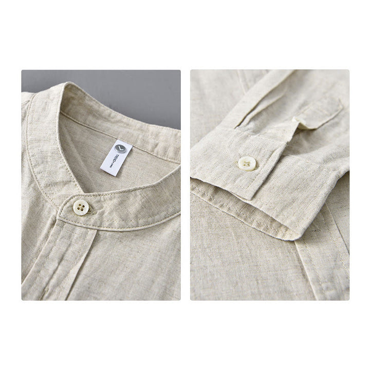 Buddha Stones メンズ 長袖 コットンリネン 無地 スタンドカラー ポケット付き カジュアルシャツ - image 3