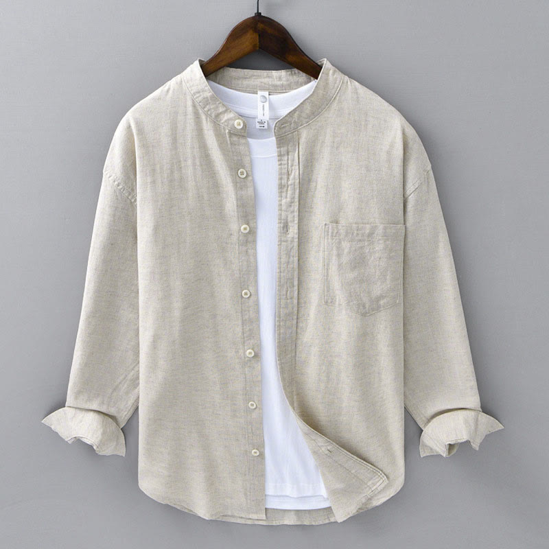 Buddha Stones メンズ 長袖 コットンリネン 無地 スタンドカラー ポケット付き カジュアルシャツ - リネン - US/UK/AU40、EU50（3XL） - image 0