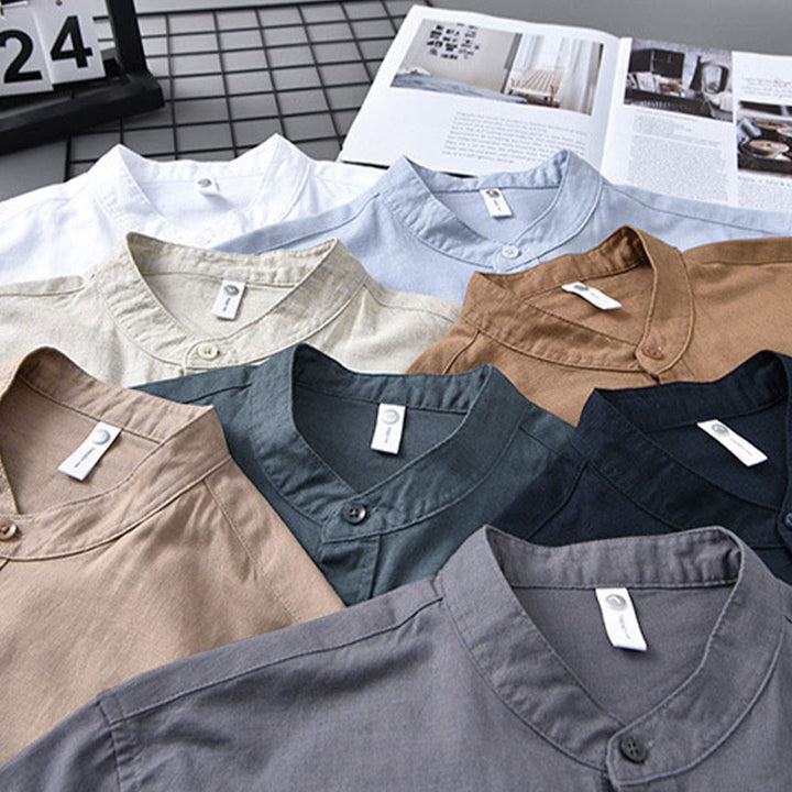 Buddha Stones メンズ 長袖 コットンリネン 無地 スタンドカラー ポケット付き カジュアルシャツ - image 4