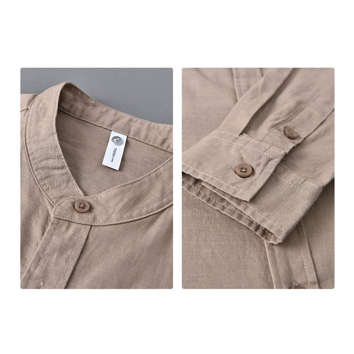 Buddha Stones メンズ 長袖 コットンリネン 無地 スタンドカラー ポケット付き カジュアルシャツ - image 32