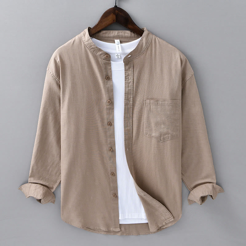 Buddha Stones メンズ 長袖 コットンリネン 無地 スタンドカラー ポケット付き カジュアルシャツ - バーリーウッド - US/UK/AU40、EU50（3XL） - image 29