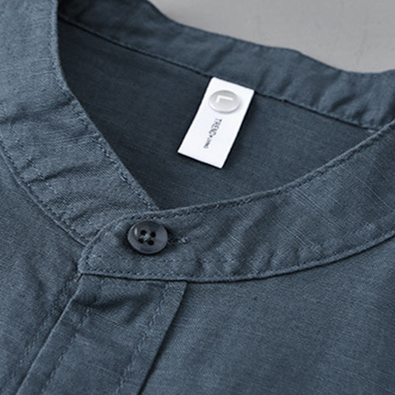 Buddha Stones メンズ 長袖 コットンリネン 無地 スタンドカラー ポケット付き カジュアルシャツ - image 26