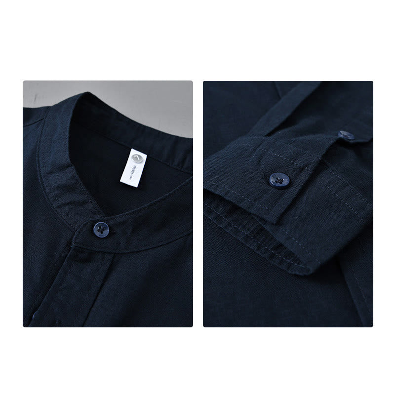 Buddha Stones メンズ 長袖 コットンリネン 無地 スタンドカラー ポケット付き カジュアルシャツ - image 38