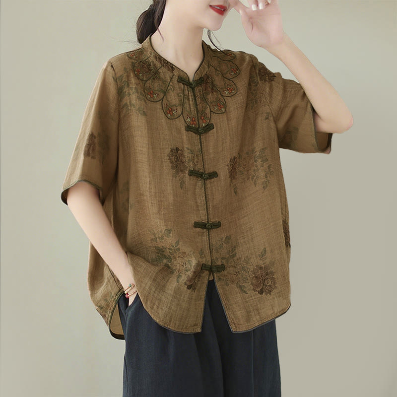 Buddha Stonesパープルフラワープリントカエルボタンデザインシャツ - image 2