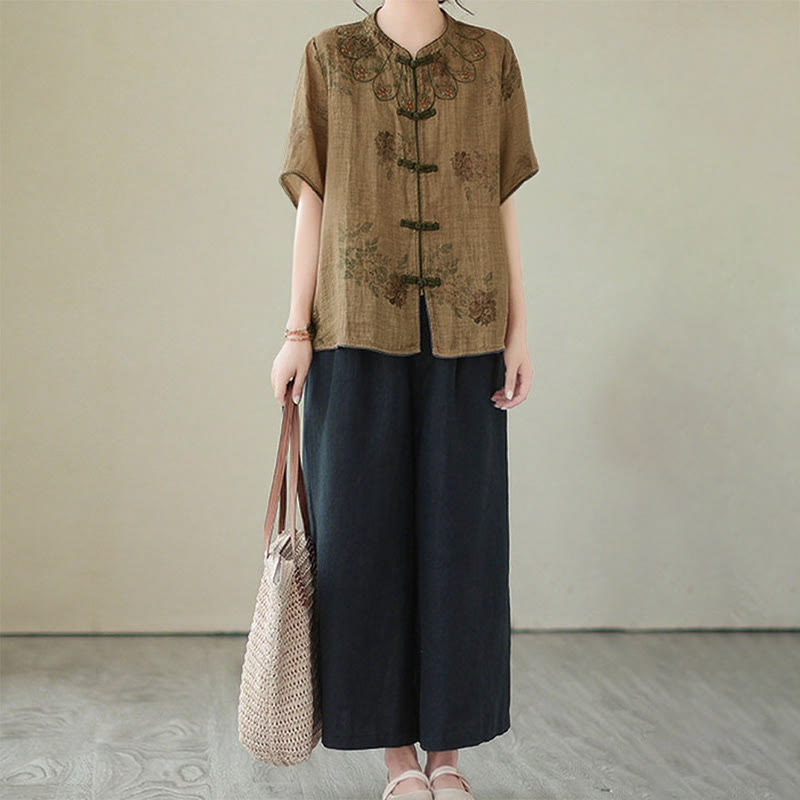 Buddha Stonesパープルフラワープリントカエルボタンデザインシャツ - image 10