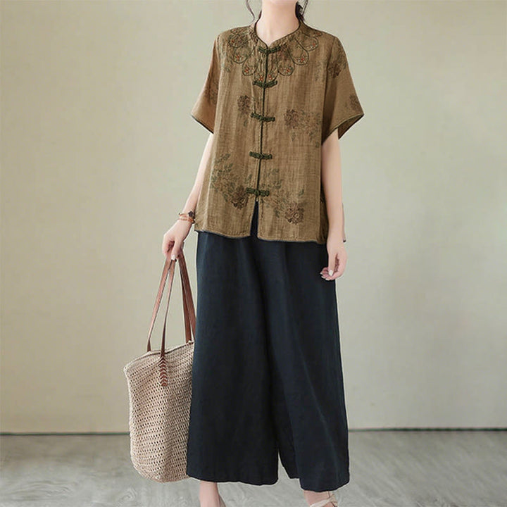 Buddha Stonesパープルフラワープリントカエルボタンデザインシャツ - image 11