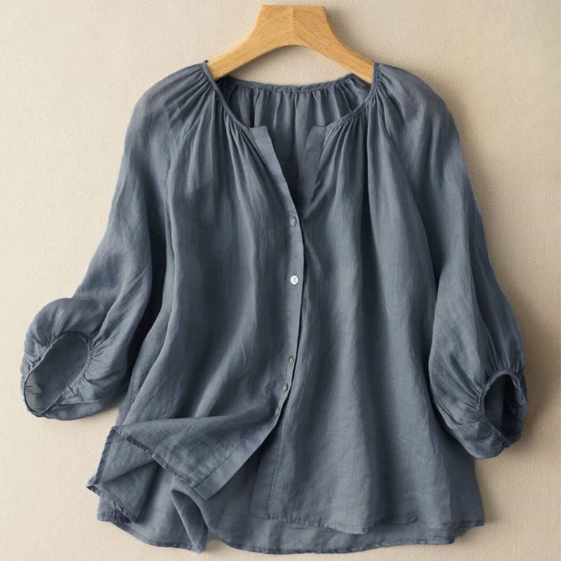 Buddha Stonesヴィンテージボタン 七分袖 パフスリーブ Vネック レディースシャツ - スチールブルー - US14、 UK/AU18、 EU46 (4XL) - image 0